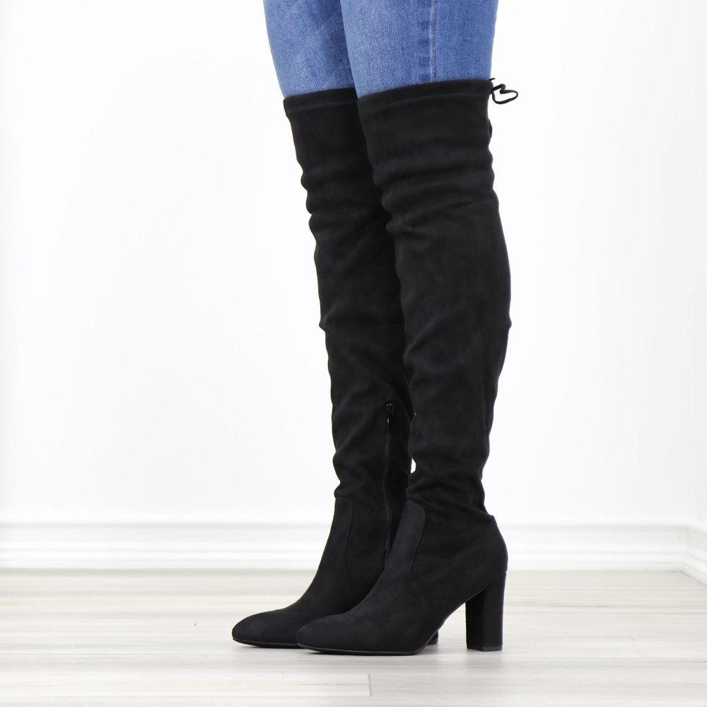 Pointy Toe Black Faux Suede Thigh High Over The Knee Block High Heel Boots - Picture 14 of 15
